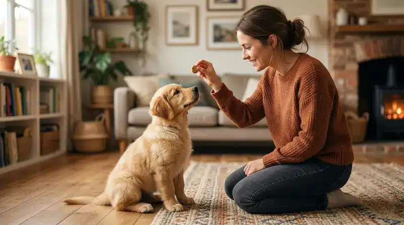 Proprietario che insegna i comandi di base al proprio cane con rinforzo positivo — seduto, resta, vieni, lascia