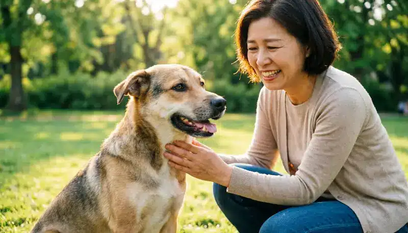 Educazione del cane: proprietario che insegna il comando seduto al proprio cane con rinforzo positivo